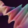 Colorful wavy abstract design with layers and gradients on a dark backdrop.
